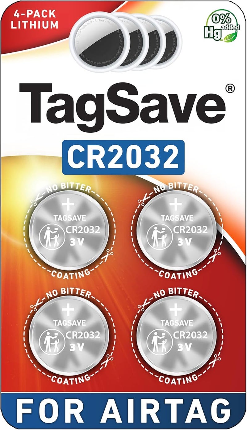 TagSaver Replacement Batteries for Apple AirTag, Perfectly Fits AirTag, No Bitter Coating, OEM CR2032 Battery (Pack of 4) - Image 1